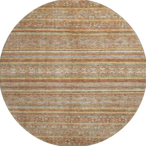 HomeRoots 8' Washable Terra Cotta, Gold & Gray Striped Round Rug - UV Protected, Non-Slip, Stain Resistant Design 695825
