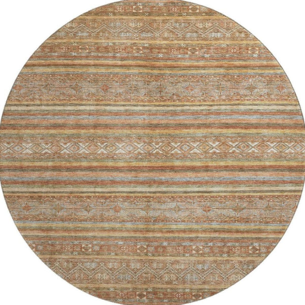 HomeRoots 8' Washable Terra Cotta, Gold & Gray Striped Round Rug - UV Protected, Non-Slip, Stain Resistant Design 695825
