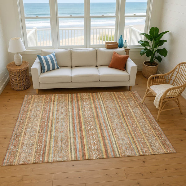 HomeRoots 10' X 14' Terra Cotta Gold & Gray Striped Area Rug – Washable, UV Protected, Stain Resistant & Stylish 695828