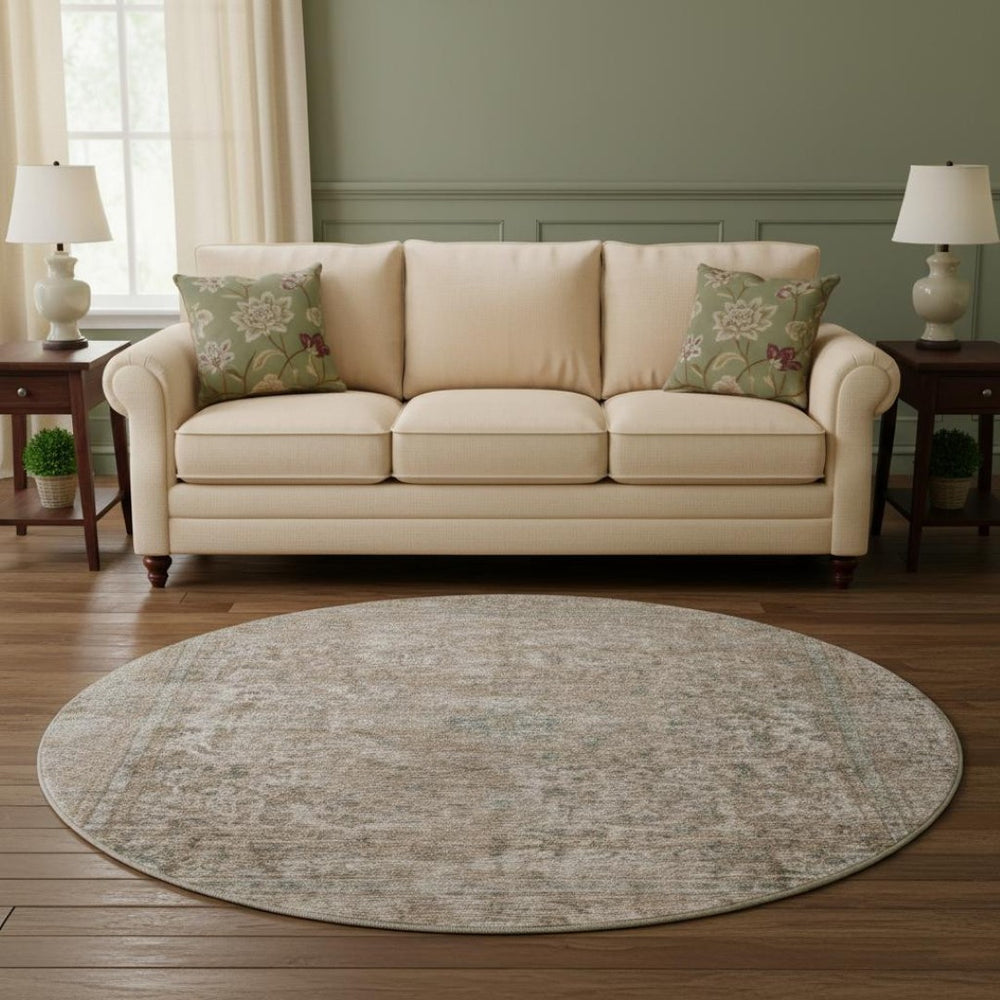 HomeRoots 8' Brown and Beige Oriental Round Rug - Washable, UV-Protected, Non-Slip, Perfect for Busy Homes! 695831