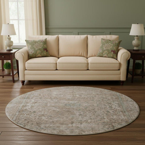 HomeRoots 8' Brown and Beige Oriental Round Rug - Washable, UV-Protected, Non-Slip, Perfect for Busy Homes! 695831