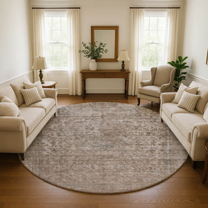 HomeRoots 8' Brown and Beige Oriental Round Rug - Washable, UV-Protected, Non-Slip, Perfect for Busy Homes! 695831