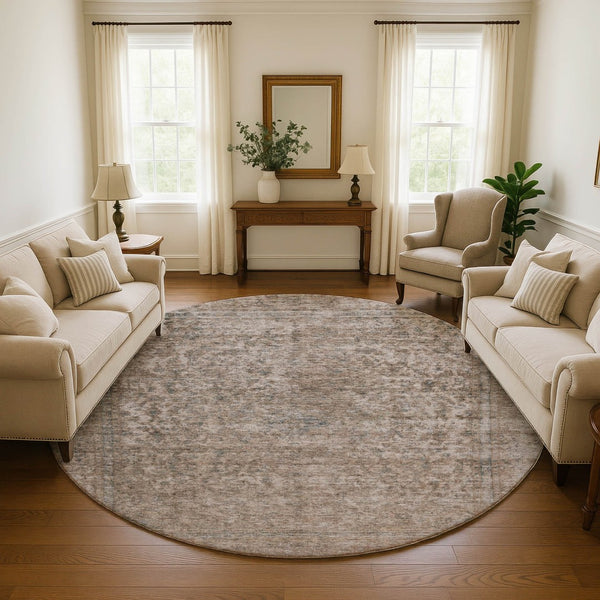 HomeRoots 8' Brown and Beige Oriental Round Rug - Washable, UV-Protected, Non-Slip, Perfect for Busy Homes! 695831
