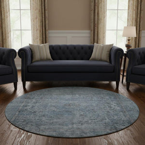 HomeRoots 8' Blue and Gray Oriental Round Rug - Washable, UV Protected, Stain Resistant, Family-Friendly Design 695837