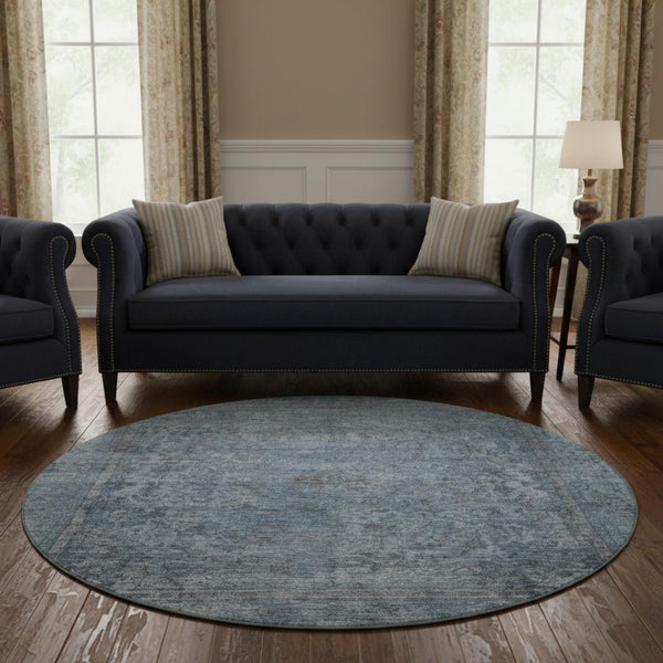 HomeRoots 8' Blue and Gray Oriental Round Rug - Washable, UV Protected, Stain Resistant, Family-Friendly Design 695837