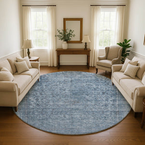 HomeRoots 8' Blue and Gray Oriental Round Rug - Washable, UV Protected, Stain Resistant, Family-Friendly Design 695837