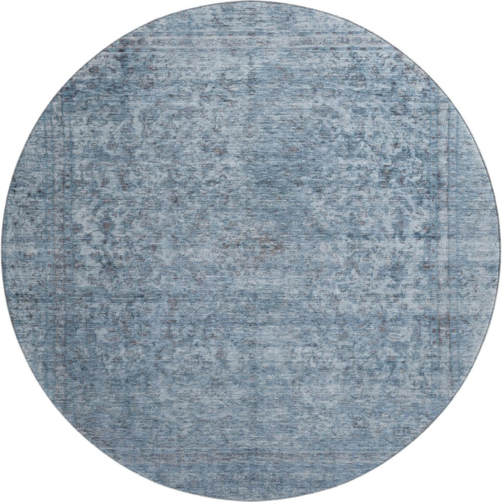HomeRoots 8' Blue and Gray Oriental Round Rug - Washable, UV Protected, Stain Resistant, Family-Friendly Design 695837