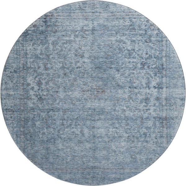 HomeRoots 8' Blue and Gray Oriental Round Rug - Washable, UV Protected, Stain Resistant, Family-Friendly Design 695837