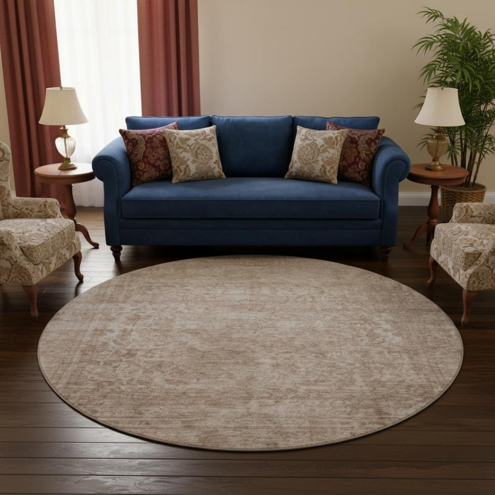 HomeRoots 8' Copper and Rust Washable Oriental Round Rug - UV Protected, Non-Slip, Easy-Clean for Homes 695843