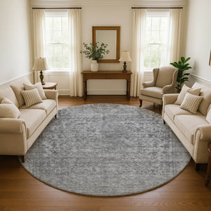 HomeRoots 8' Gray And Silver Oriental Round Rug - Washable, UV Protected, Non-Slip, Ideal for Busy Homes 695849