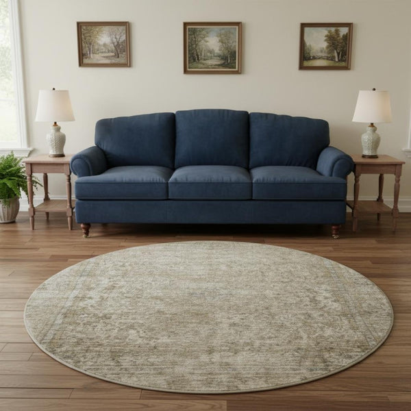 HomeRoots 8' Elegant Pewter and Gray Round Oriental Rug - Washable, UV Protected, Stain Resistant Beauty! 695855