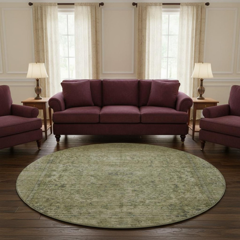 HomeRoots 8' Sage and Gray Oriental Round Rug - Washable, Stain-Resistant, UV Protected for Stylish Living Spaces 695861
