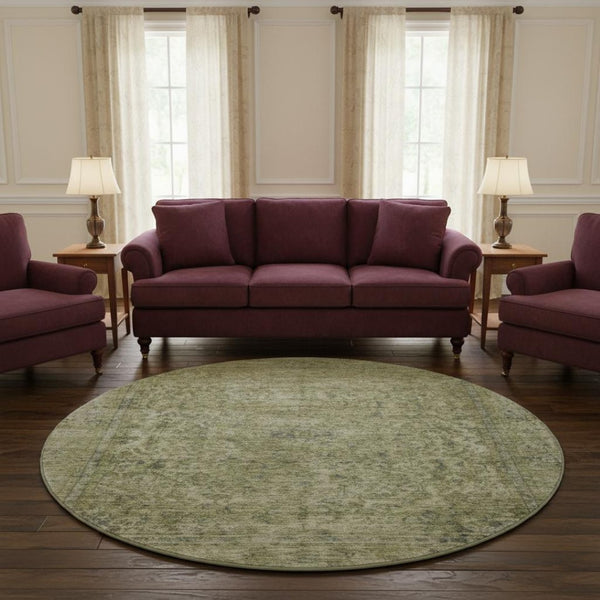 HomeRoots 8' Sage and Gray Oriental Round Rug - Washable, Stain-Resistant, UV Protected for Stylish Living Spaces 695861