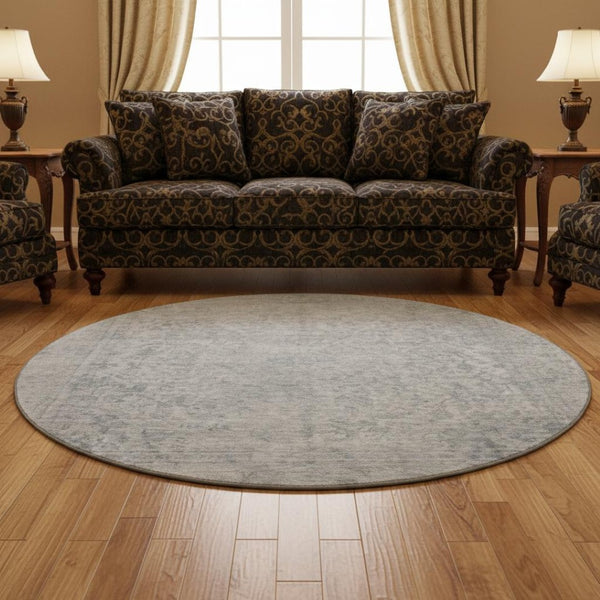 HomeRoots 8' Silver and Gray Oriental Washable Round Rug – Durable, Stain-Resistant with UV Protection! 695867