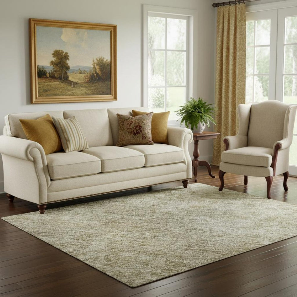HomeRoots 5' Tan and Beige Oriental Area Rug - Washable, UV-Protected, Durable for High-Traffic Spaces! 695872