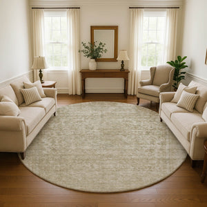 HomeRoots 8' Tan and Beige Oriental Round Rug - Washable, UV Protected, Durable & Ideal for High-Traffic Areas 695873