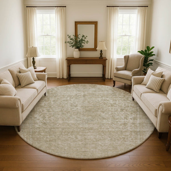 HomeRoots 8' Tan and Beige Oriental Round Rug - Washable, UV Protected, Durable & Ideal for High-Traffic Areas 695873