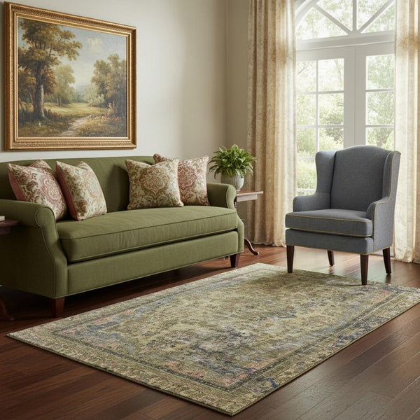 HomeRoots 5' X 8' Artichoke Green Floral Medallion Area Rug - Washable, UV Protected, Non-Slip Design for Homes 695878