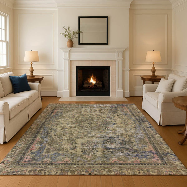 HomeRoots 5' X 8' Artichoke Green Floral Medallion Area Rug - Washable, UV Protected, Non-Slip Design for Homes 695878