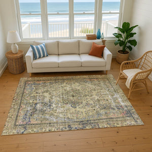 HomeRoots 5' X 8' Artichoke Green Floral Medallion Area Rug - Washable, UV Protected, Non-Slip Design for Homes 695878
