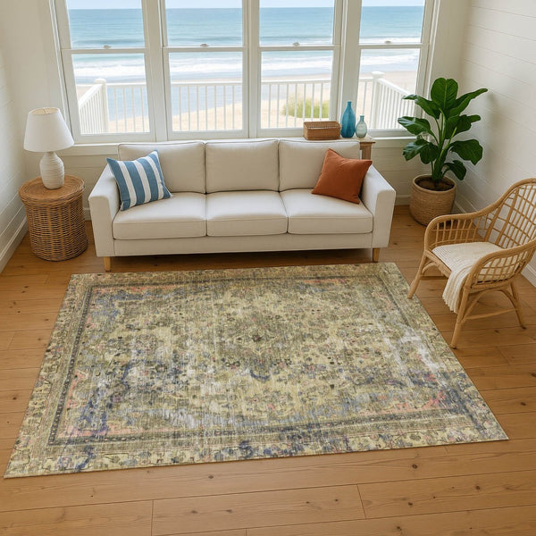 HomeRoots 5' X 8' Artichoke Green Floral Medallion Area Rug - Washable, UV Protected, Non-Slip Design for Homes 695878
