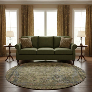 HomeRoots 8' Washable Round Rug with Floral Medallion Design in Artichoke Green, Gold & Gray - UV Protected! 695879