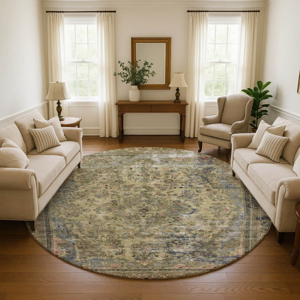 HomeRoots 8' Washable Round Rug with Floral Medallion Design in Artichoke Green, Gold & Gray - UV Protected! 695879