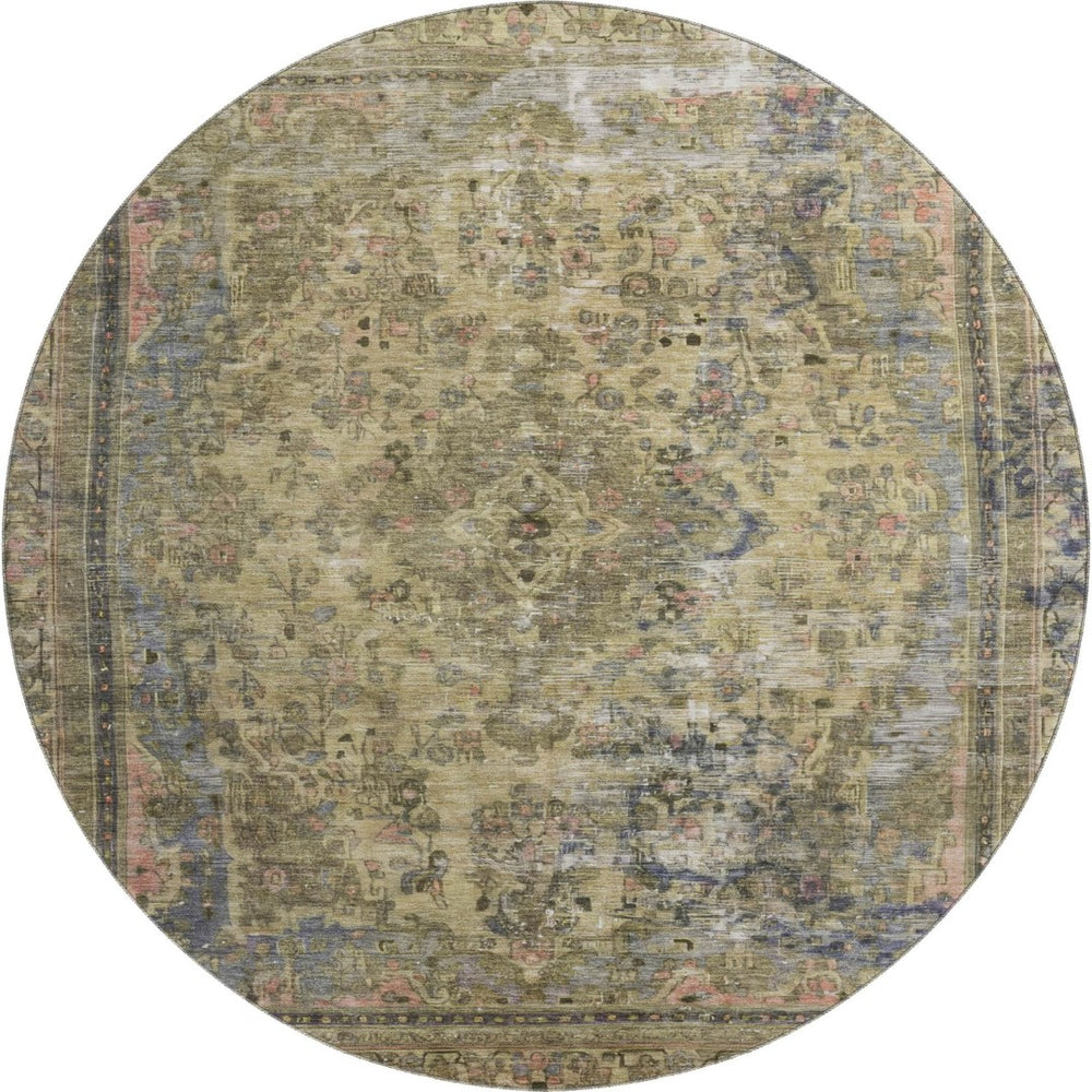 HomeRoots 8' Washable Round Rug with Floral Medallion Design in Artichoke Green, Gold & Gray - UV Protected! 695879