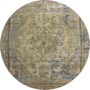 HomeRoots 8' Washable Round Rug with Floral Medallion Design in Artichoke Green, Gold & Gray - UV Protected! 695879