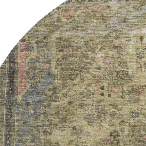 HomeRoots 8' Washable Round Rug with Floral Medallion Design in Artichoke Green, Gold & Gray - UV Protected! 695879