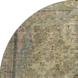 HomeRoots 8' Washable Round Rug with Floral Medallion Design in Artichoke Green, Gold & Gray - UV Protected! 695879