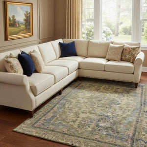 HomeRoots 8' X 10' Artichoke Green Gold & Gray Floral Medallion Area Rug - Washable with UV Protection! 695880