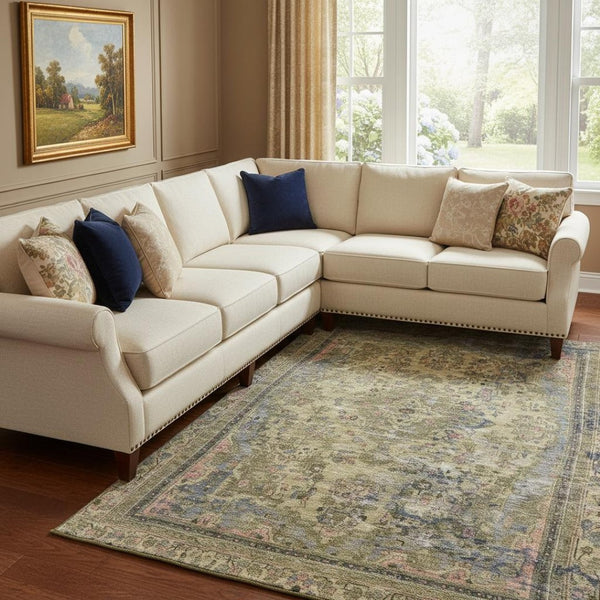HomeRoots 8' X 10' Artichoke Green Gold & Gray Floral Medallion Area Rug - Washable with UV Protection! 695880