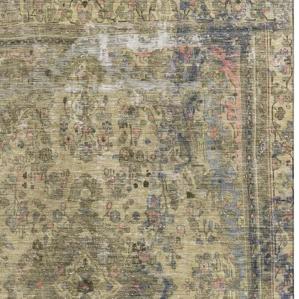 HomeRoots 8' X 10' Artichoke Green Gold & Gray Floral Medallion Area Rug - Washable with UV Protection! 695880