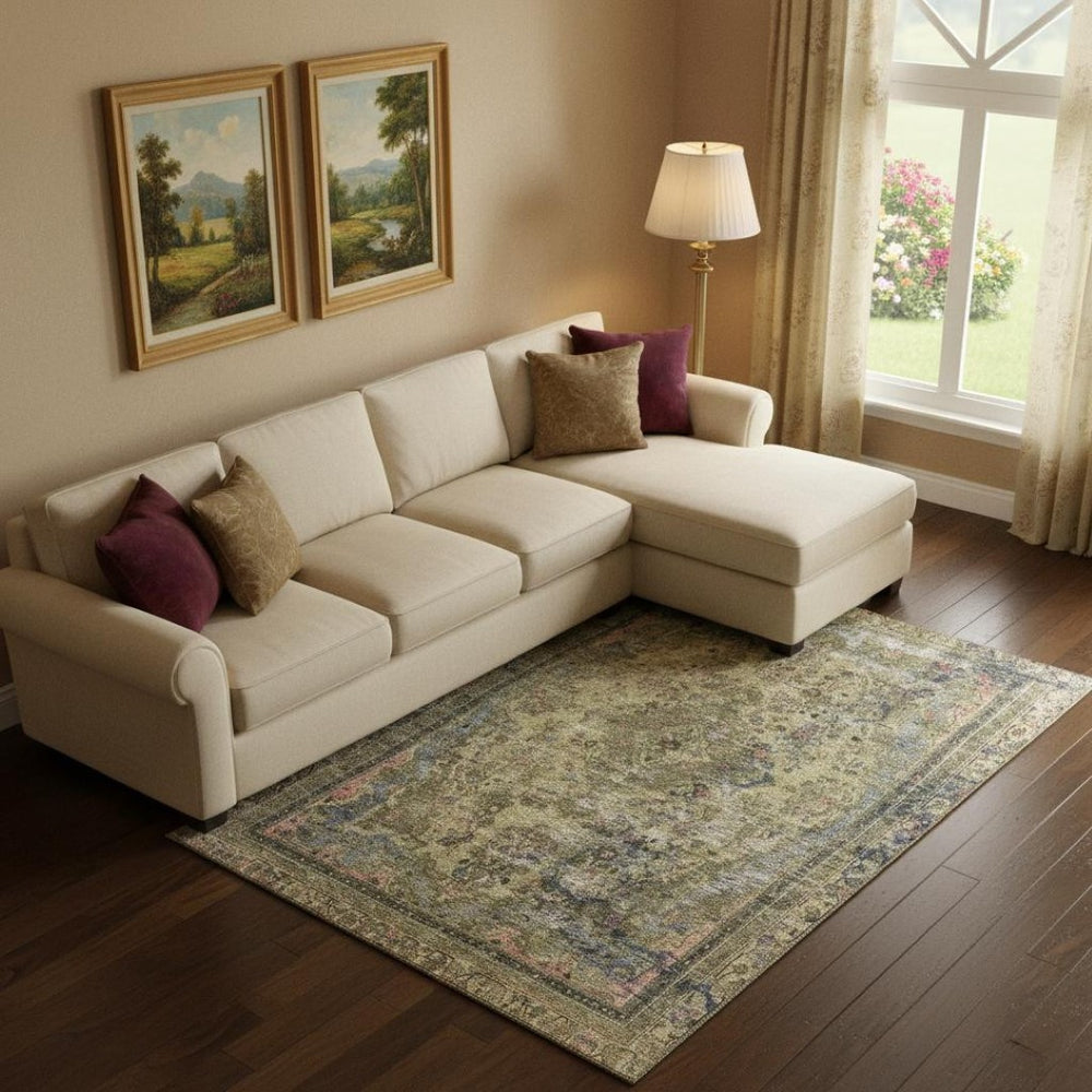 HomeRoots 9' X 12' Artichoke Green Floral Medallion Area Rug - Washable, UV Protected & Pet Friendly Design 695881