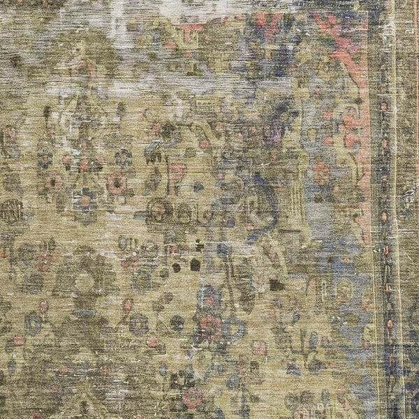 HomeRoots 9' X 12' Artichoke Green Floral Medallion Area Rug - Washable, UV Protected & Pet Friendly Design 695881