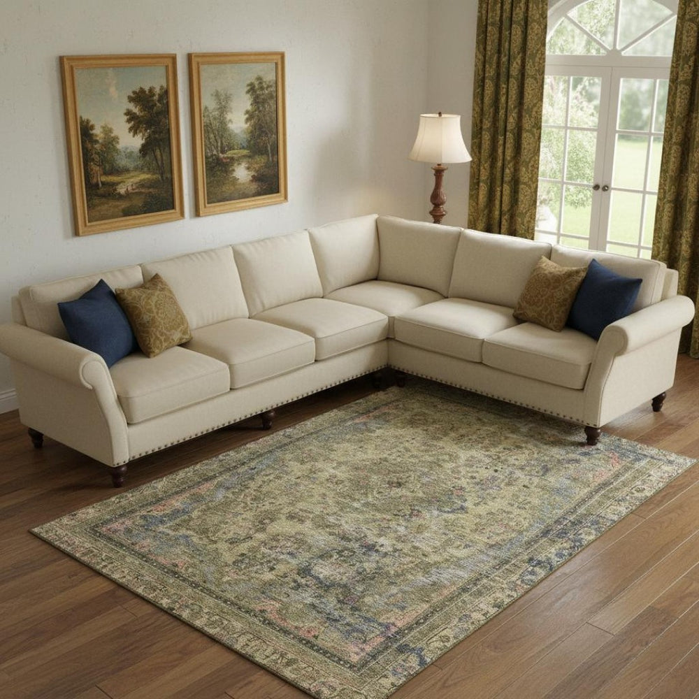 HomeRoots 10' X 14' Artichoke Green, Gold & Gray Floral Medallion Area Rug - Washable, UV Protected, Durable Design 695882