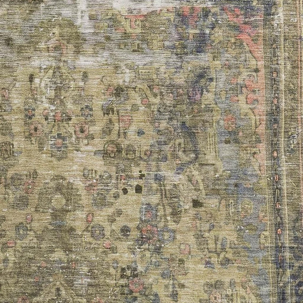 HomeRoots 10' X 14' Artichoke Green, Gold & Gray Floral Medallion Area Rug - Washable, UV Protected, Durable Design 695882