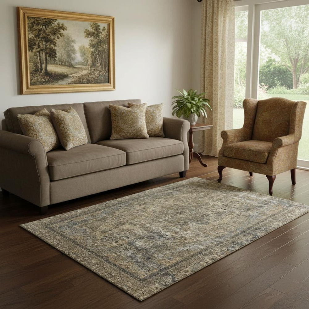 HomeRoots 5' X 8' Floral Medallion Area Rug in Brown, Gray, and Silver - Washable, Stain Resistant, UV Protected 695884