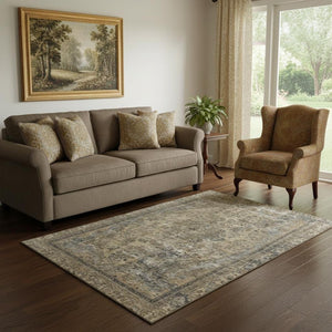 HomeRoots 5' X 8' Floral Medallion Area Rug in Brown, Gray, and Silver - Washable, Stain Resistant, UV Protected 695884