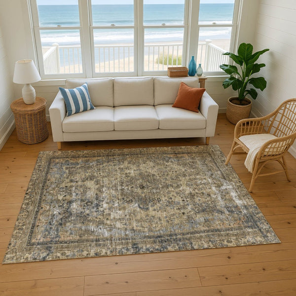 HomeRoots 5' X 8' Floral Medallion Area Rug in Brown, Gray, and Silver - Washable, Stain Resistant, UV Protected 695884