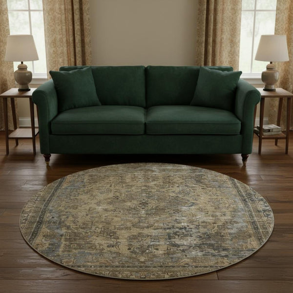 HomeRoots 8' Brown Gray & Silver Floral Medallion Round Rug - Washable, UV Protected, Family-Friendly Elegance 695885