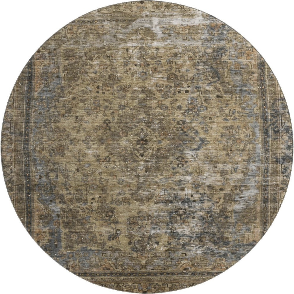 HomeRoots 8' Brown Gray & Silver Floral Medallion Round Rug - Washable, UV Protected, Family-Friendly Elegance 695885