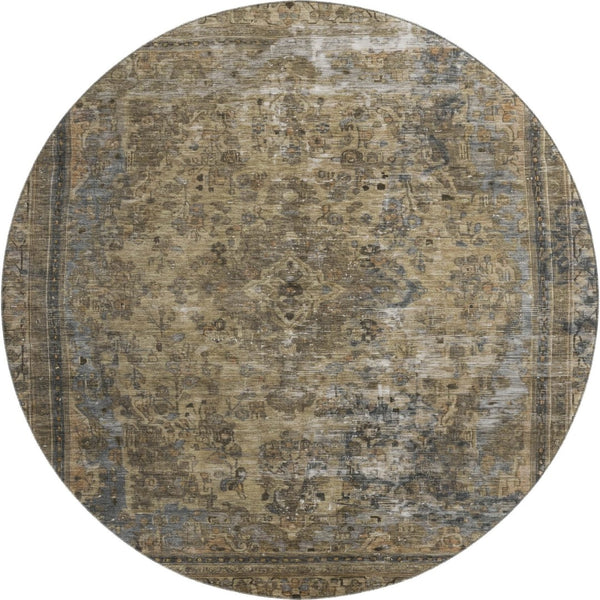 HomeRoots 8' Brown Gray & Silver Floral Medallion Round Rug - Washable, UV Protected, Family-Friendly Elegance 695885