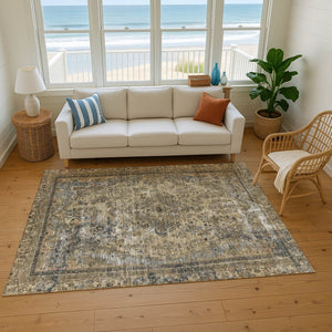 HomeRoots 8' X 10' Floral Medallion Area Rug in Brown, Gray & Silver - Washable, Stain-Resistant, UV Protected! 695886