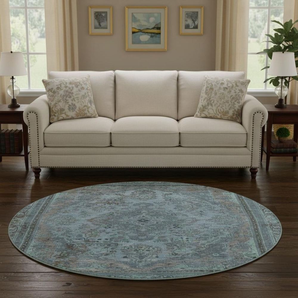 HomeRoots 8' Blue Gray & Silver Floral Medallion Washable Round Rug – UV Protected, Stylish & Durable Design 695891