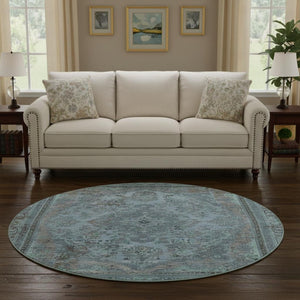 HomeRoots 8' Blue Gray & Silver Floral Medallion Washable Round Rug – UV Protected, Stylish & Durable Design 695891