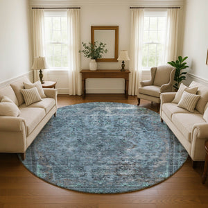 HomeRoots 8' Blue Gray & Silver Floral Medallion Washable Round Rug – UV Protected, Stylish & Durable Design 695891