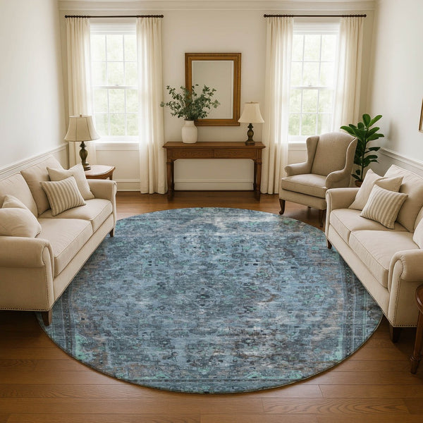 HomeRoots 8' Blue Gray & Silver Floral Medallion Washable Round Rug – UV Protected, Stylish & Durable Design 695891