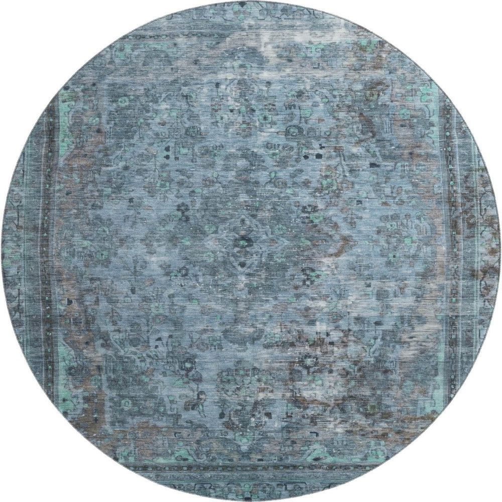 HomeRoots 8' Blue Gray & Silver Floral Medallion Washable Round Rug – UV Protected, Stylish & Durable Design 695891